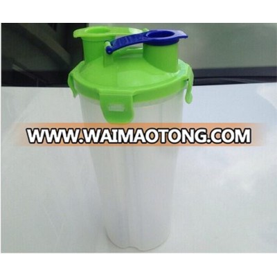 Whey Protein dual Shaker bottle with two mouth, Plastic Two LId Drink Shaker