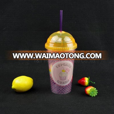 Double wall cup,plastic cup with swirly straw and lid